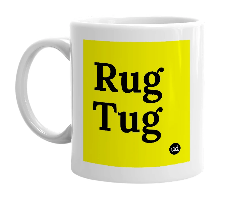 White mug with 'Rug Tug' in bold black letters