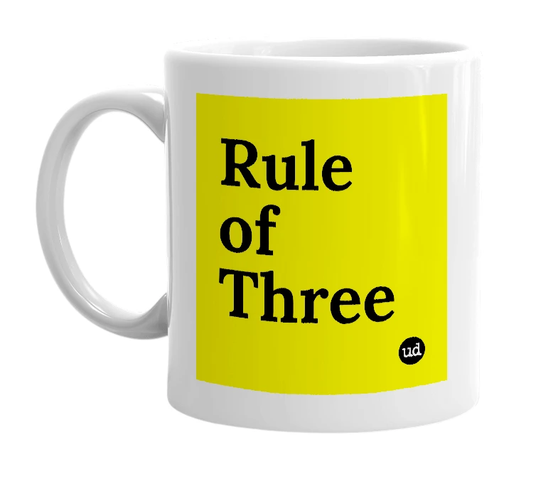 White mug with 'Rule of Three' in bold black letters