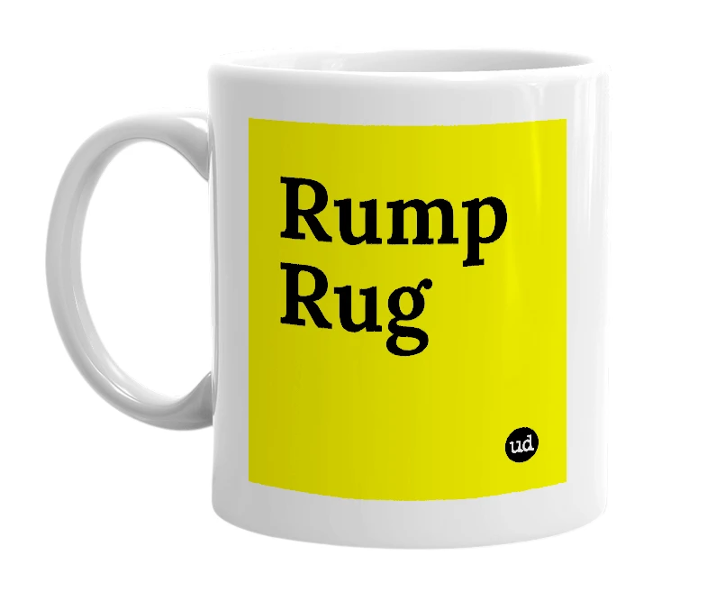 White mug with 'Rump Rug' in bold black letters
