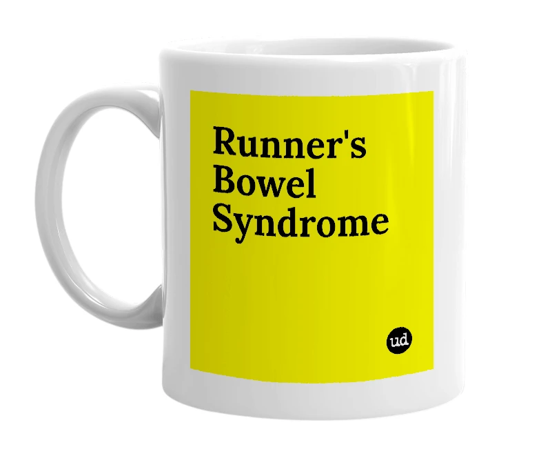 White mug with 'Runner's Bowel Syndrome' in bold black letters