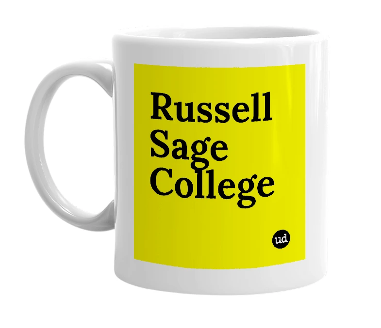 White mug with 'Russell Sage College' in bold black letters