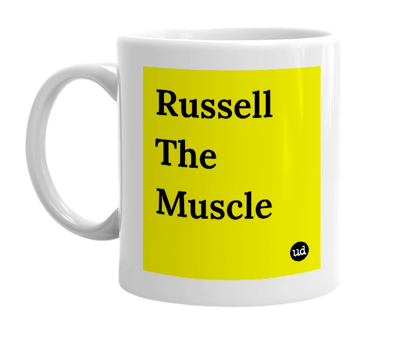 White mug with 'Russell The Muscle' in bold black letters