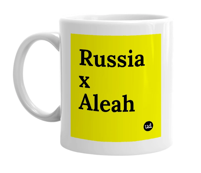 White mug with 'Russia x Aleah' in bold black letters