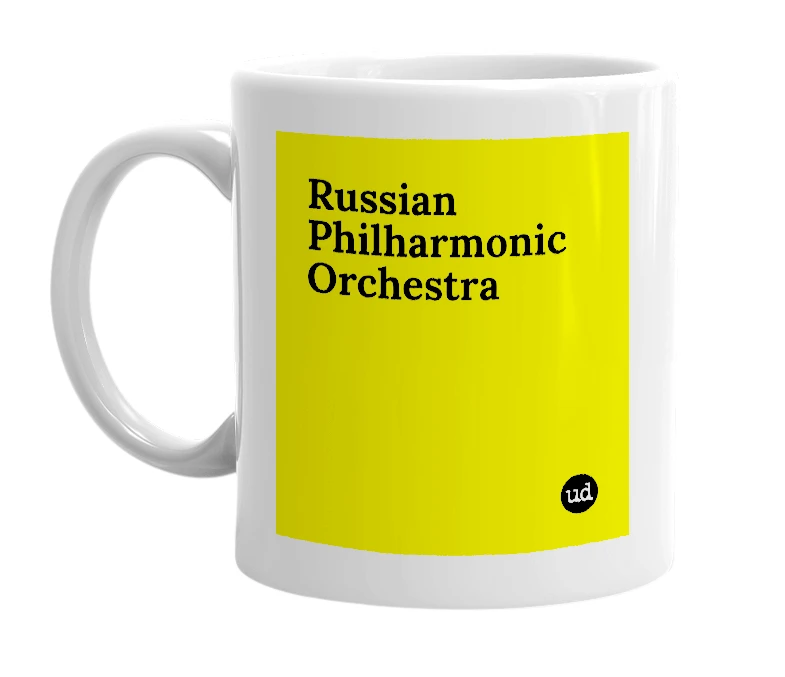 White mug with 'Russian Philharmonic Orchestra' in bold black letters