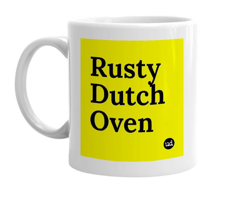 White mug with 'Rusty Dutch Oven' in bold black letters