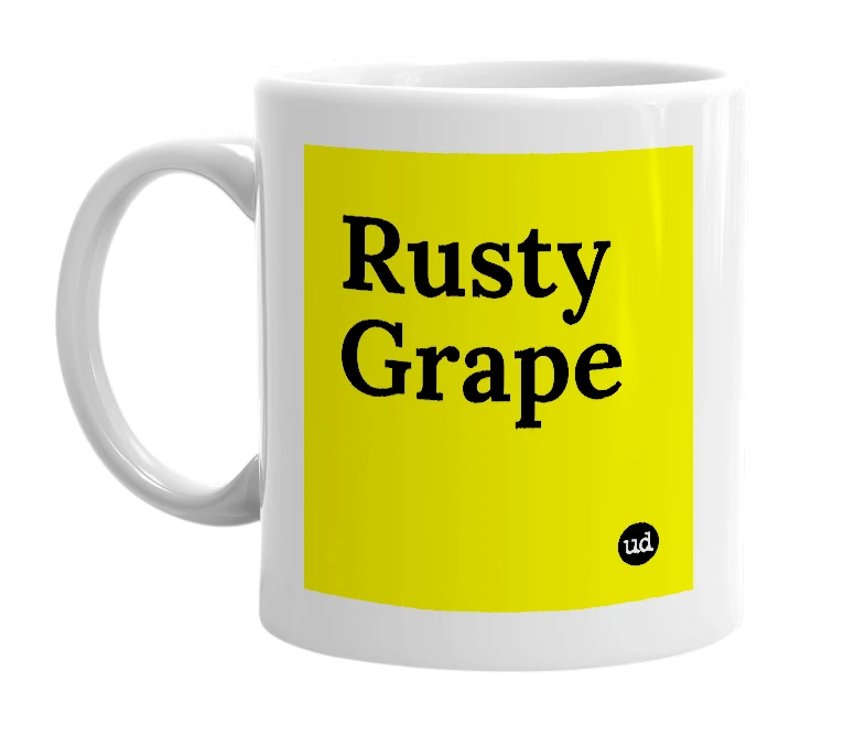 White mug with 'Rusty Grape' in bold black letters