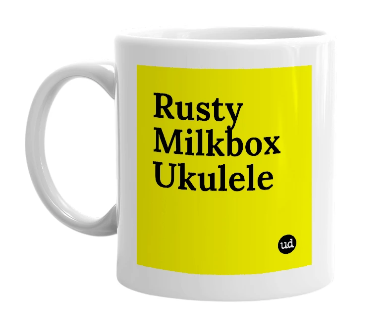 White mug with 'Rusty Milkbox Ukulele' in bold black letters