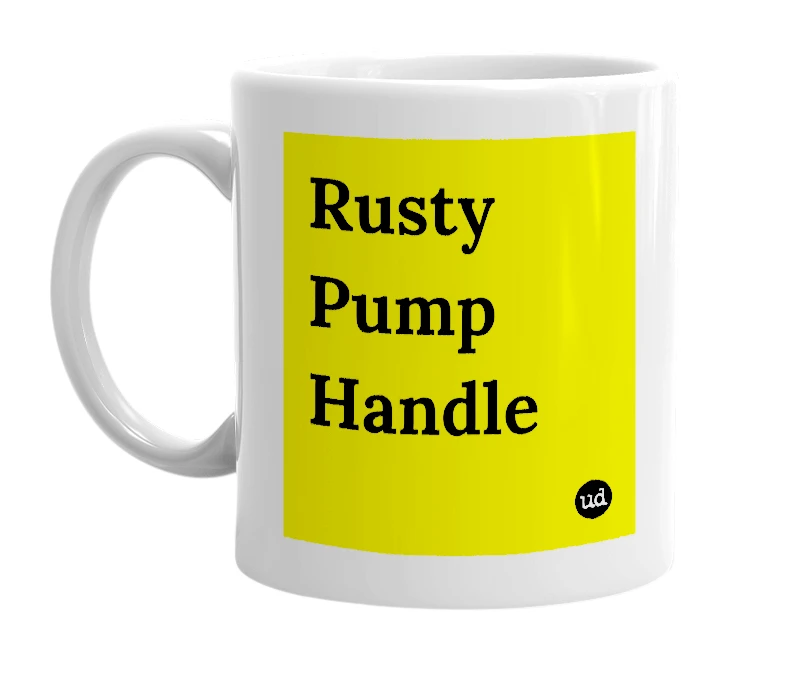 White mug with 'Rusty Pump Handle' in bold black letters