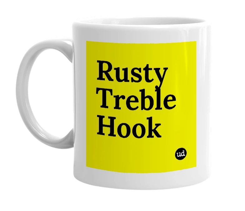 White mug with 'Rusty Treble Hook' in bold black letters