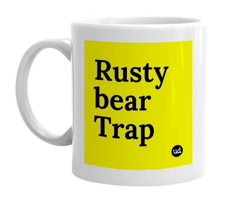 White mug with 'Rusty bear Trap' in bold black letters