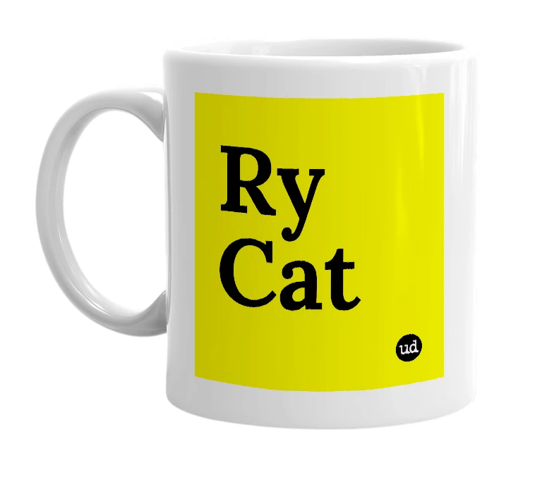 White mug with 'Ry Cat' in bold black letters