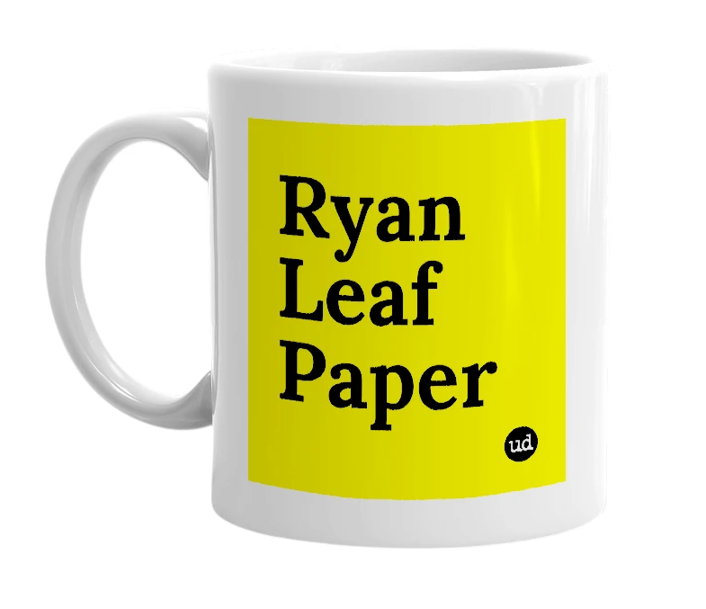 White mug with 'Ryan Leaf Paper' in bold black letters