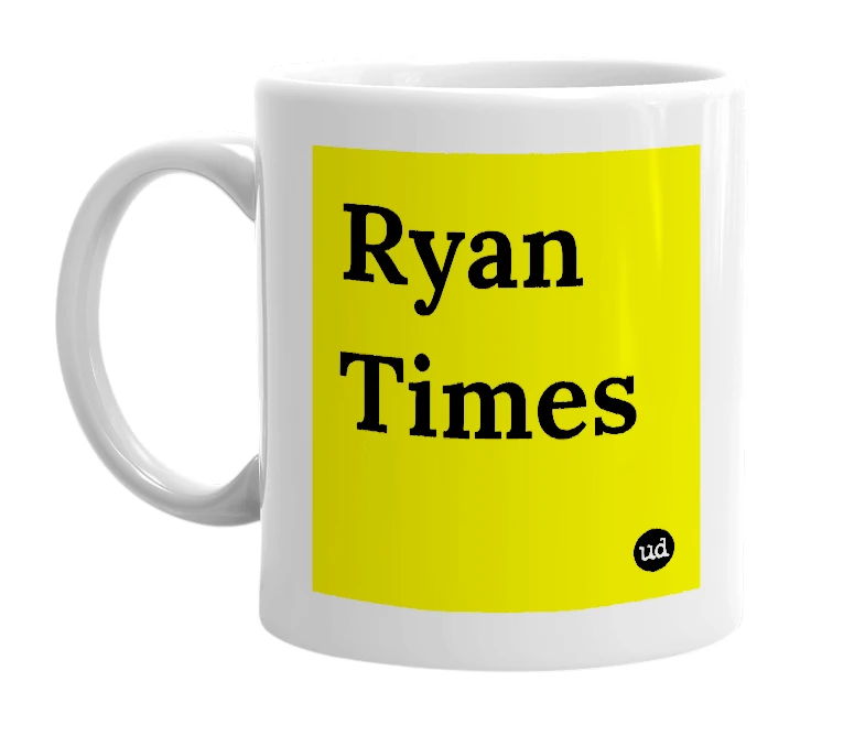 White mug with 'Ryan Times' in bold black letters
