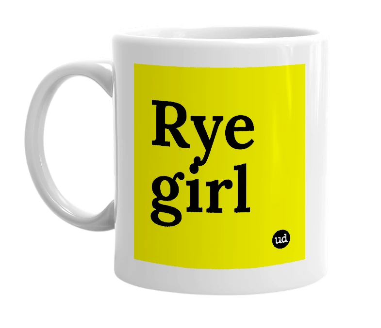 White mug with 'Rye girl' in bold black letters