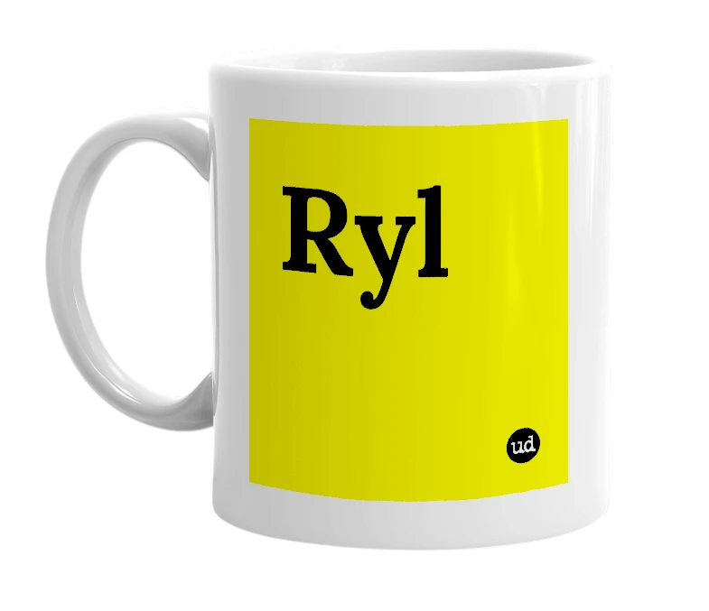 White mug with 'Ryl' in bold black letters