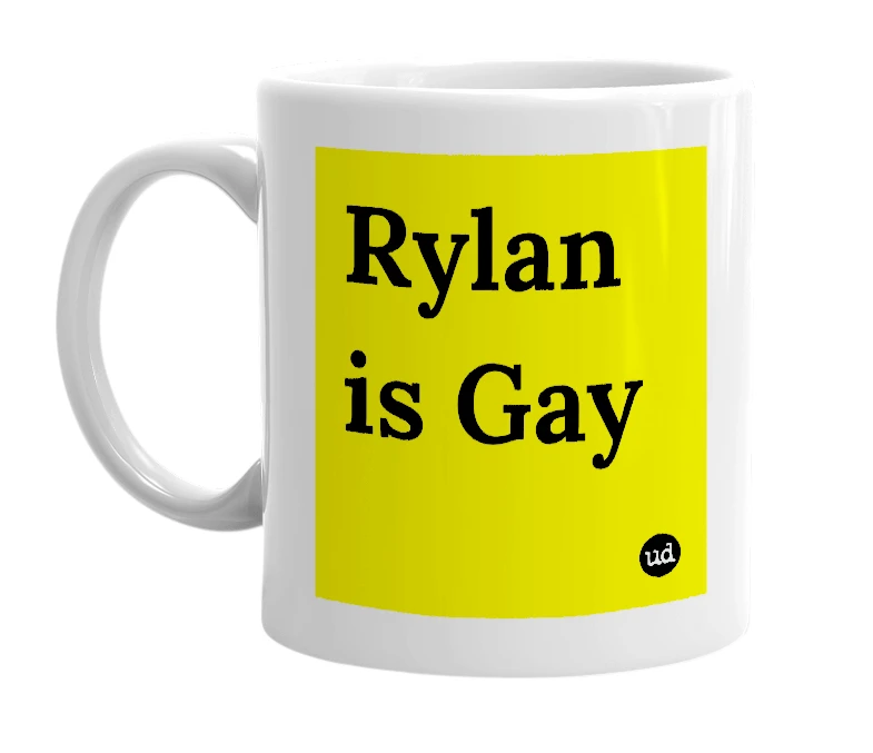 White mug with 'Rylan is Gay' in bold black letters