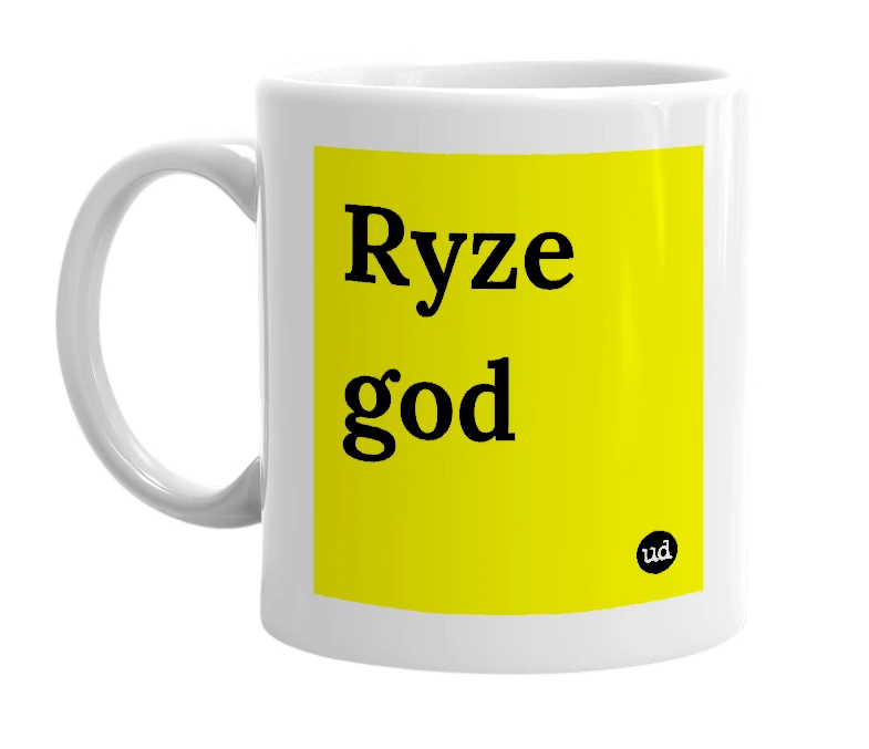 White mug with 'Ryze god' in bold black letters