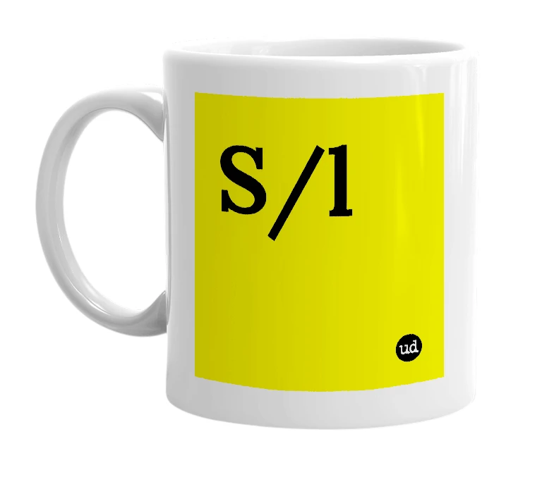 White mug with 'S/l' in bold black letters