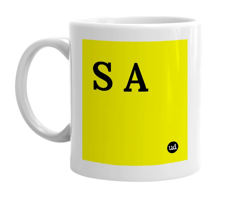 White mug with 'S A' in bold black letters