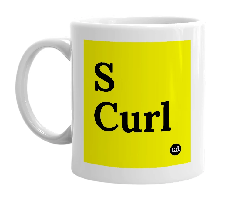 White mug with 'S Curl' in bold black letters