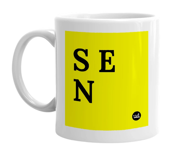 White mug with 'S E N' in bold black letters