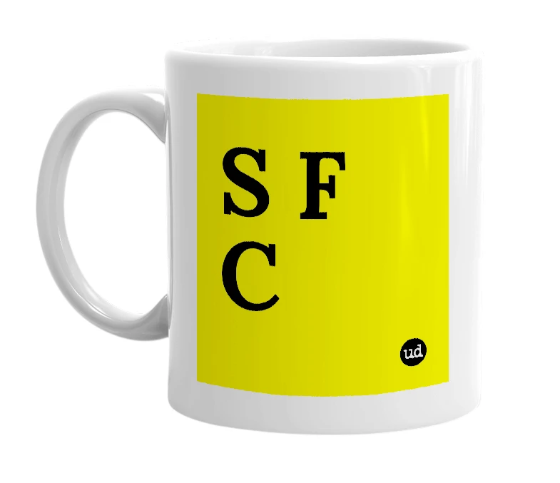 White mug with 'S F C' in bold black letters