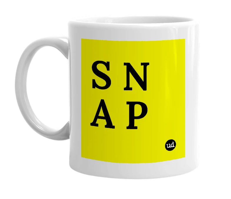 White mug with 'S N A P' in bold black letters