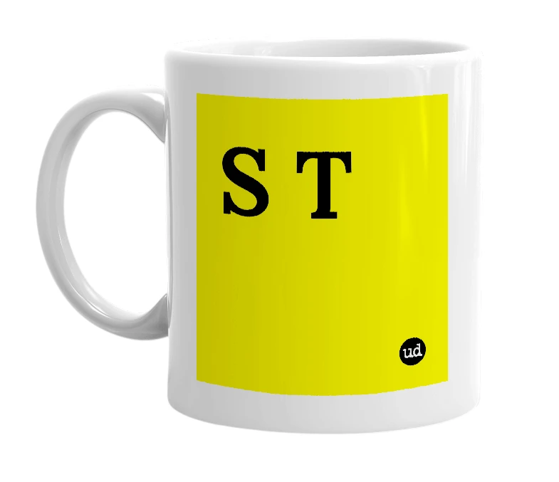 White mug with 'S T' in bold black letters