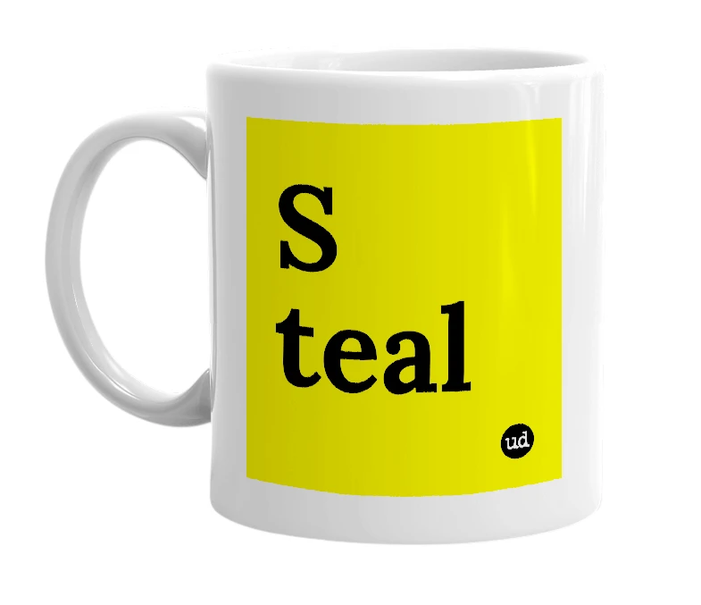 White mug with 'S teal' in bold black letters