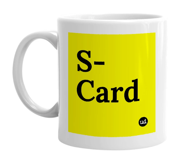 White mug with 'S-Card' in bold black letters