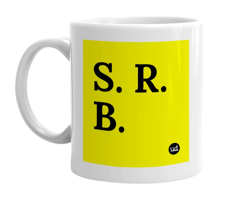 White mug with 'S. R. B.' in bold black letters