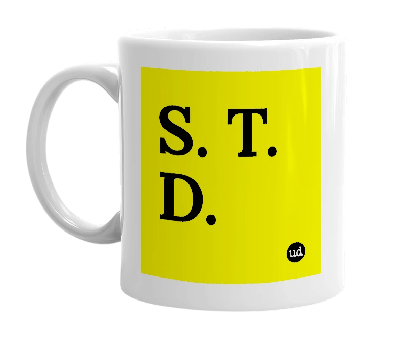 White mug with 'S. T. D.' in bold black letters