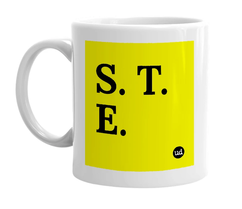 White mug with 'S. T. E.' in bold black letters