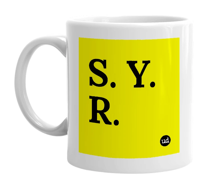 White mug with 'S. Y. R.' in bold black letters