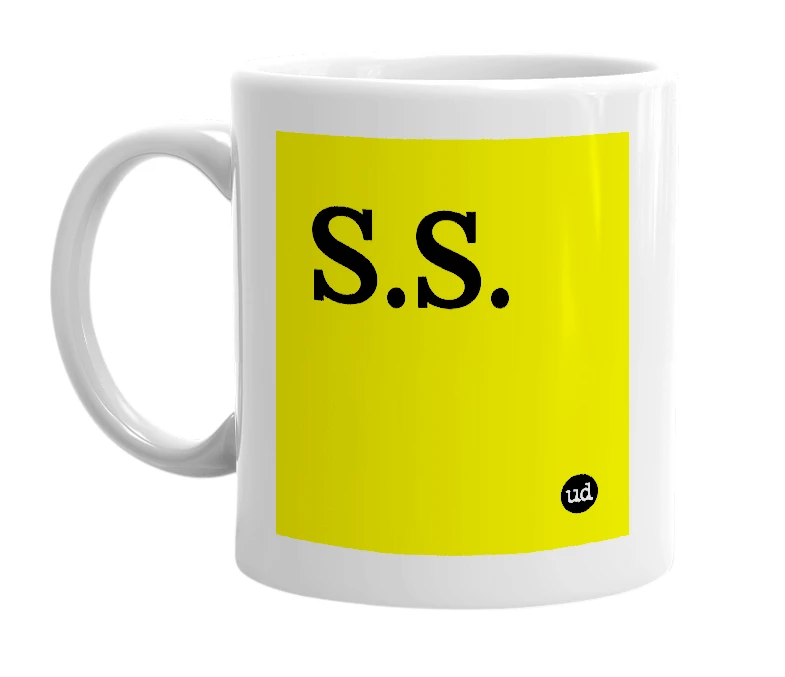 White mug with 'S.S.' in bold black letters