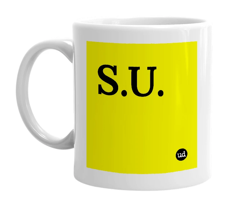 White mug with 'S.U.' in bold black letters