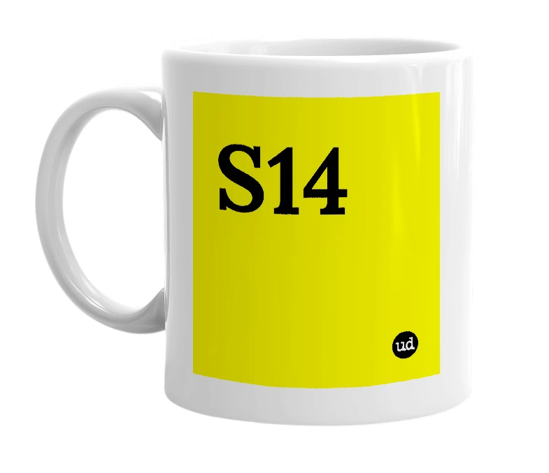 White mug with 'S14' in bold black letters