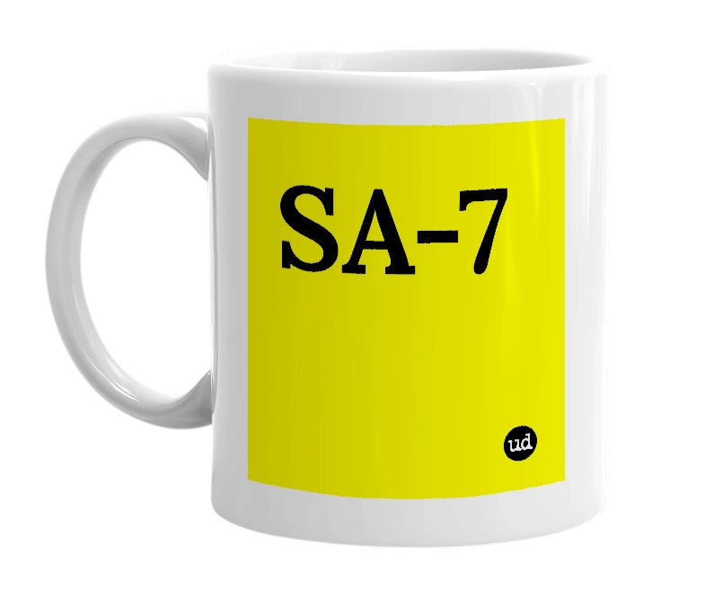 White mug with 'SA-7' in bold black letters