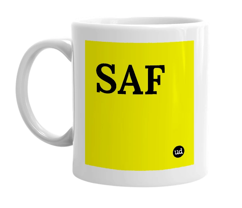 White mug with 'SAF' in bold black letters