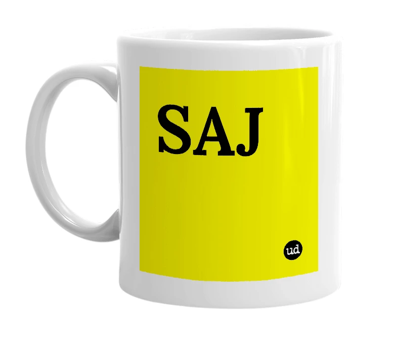 White mug with 'SAJ' in bold black letters