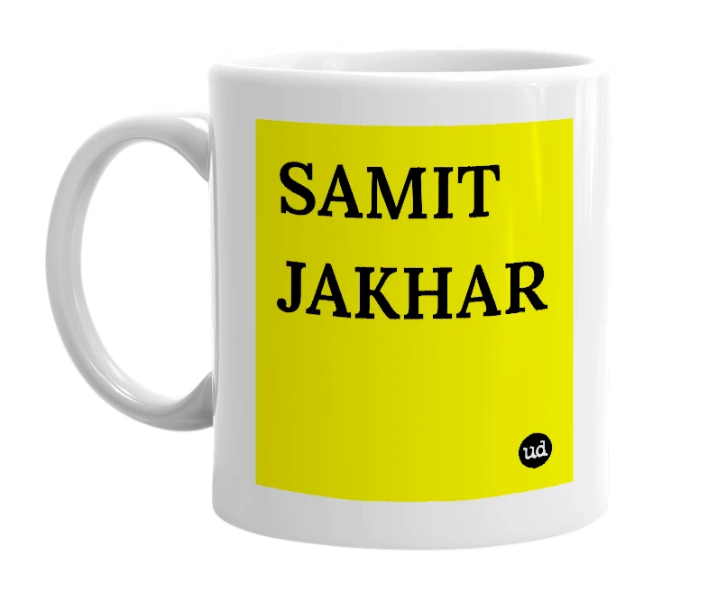 White mug with 'SAMIT JAKHAR' in bold black letters