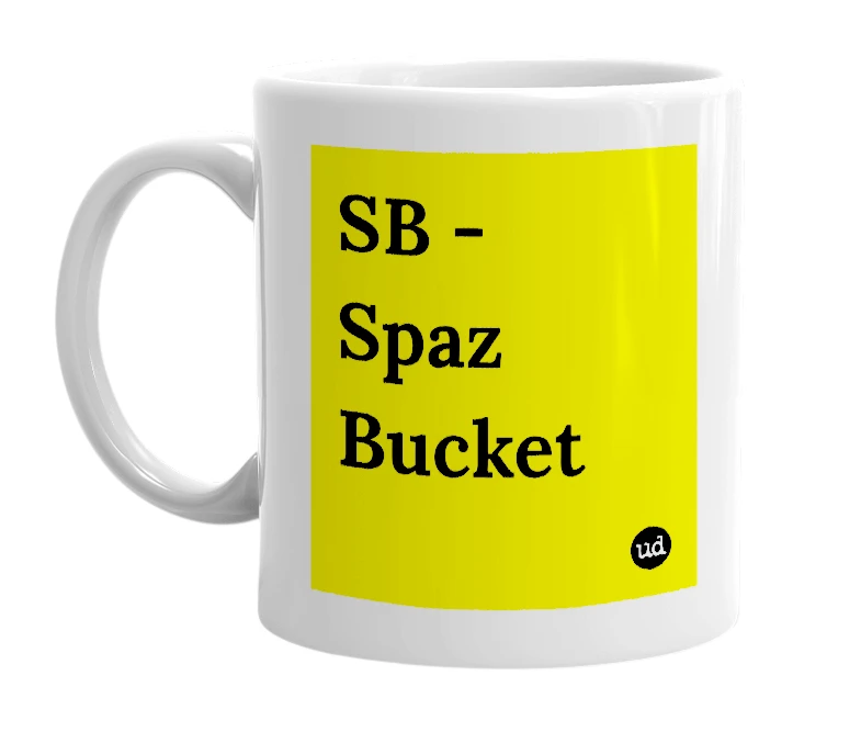 White mug with 'SB - Spaz Bucket' in bold black letters