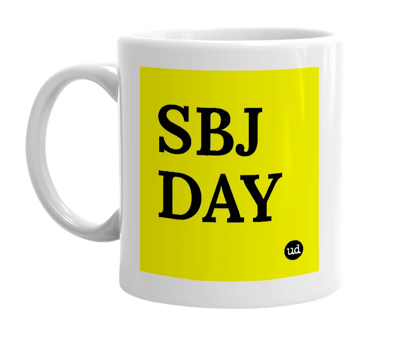 White mug with 'SBJ DAY' in bold black letters