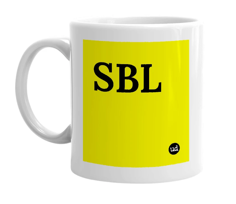 White mug with 'SBL' in bold black letters
