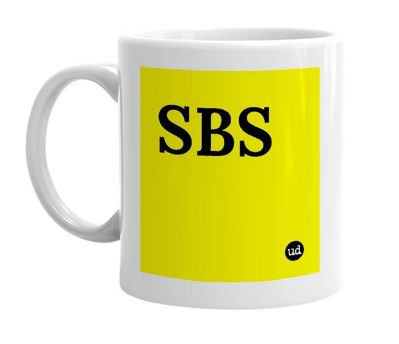 White mug with 'SBS' in bold black letters