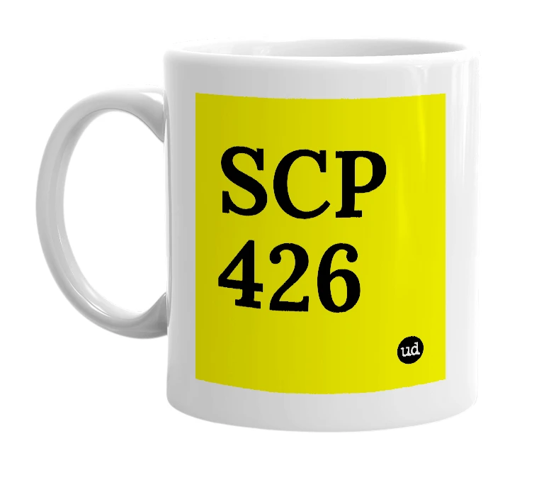 White mug with 'SCP 426' in bold black letters
