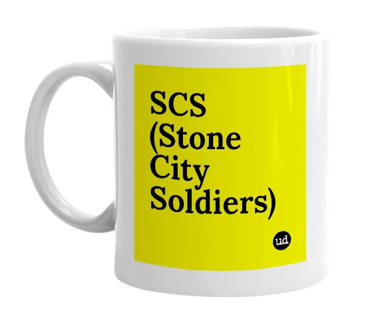 White mug with 'SCS (Stone City Soldiers)' in bold black letters