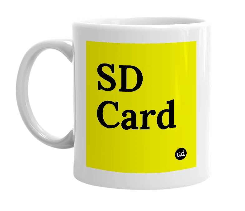 White mug with 'SD Card' in bold black letters