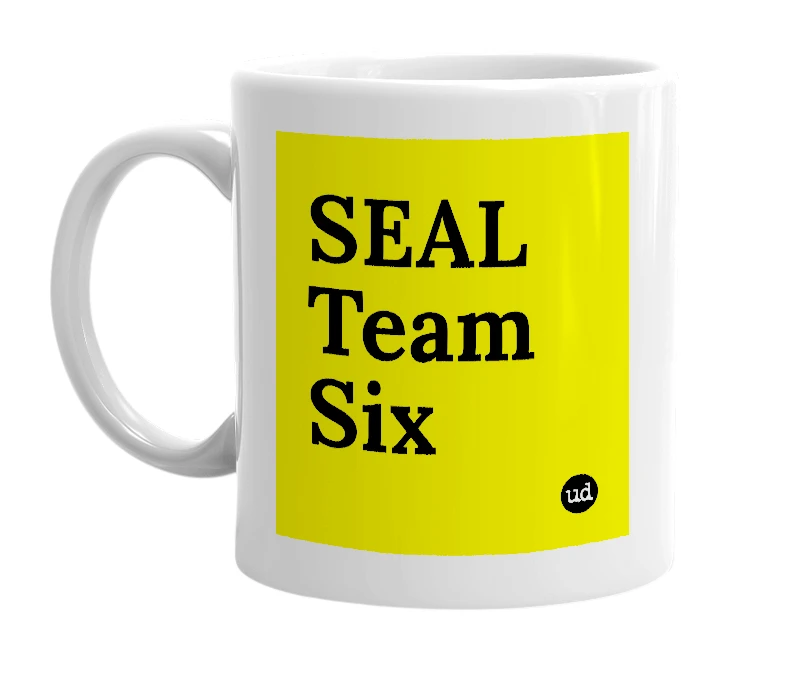 White mug with 'SEAL Team Six' in bold black letters
