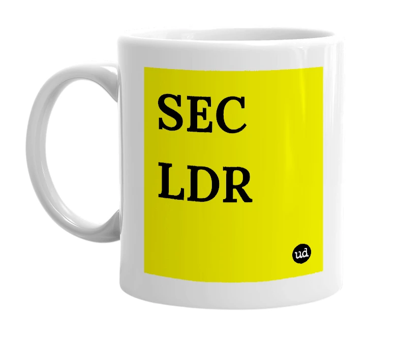 White mug with 'SEC LDR' in bold black letters